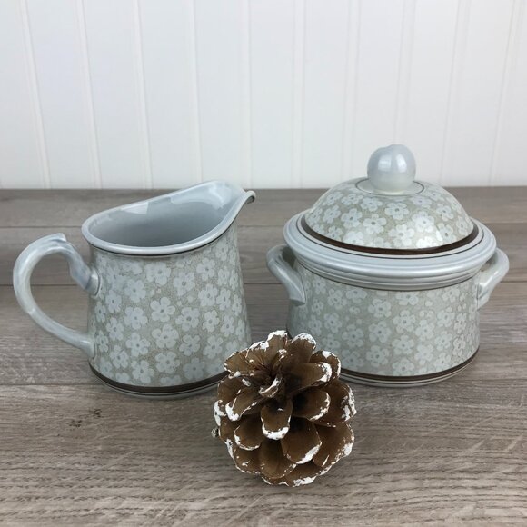 Vintage Villeroy & Boch Sugar Bowl and Creamer Set, Dalarna Blue & Brown Floral - Picture 1 of 13